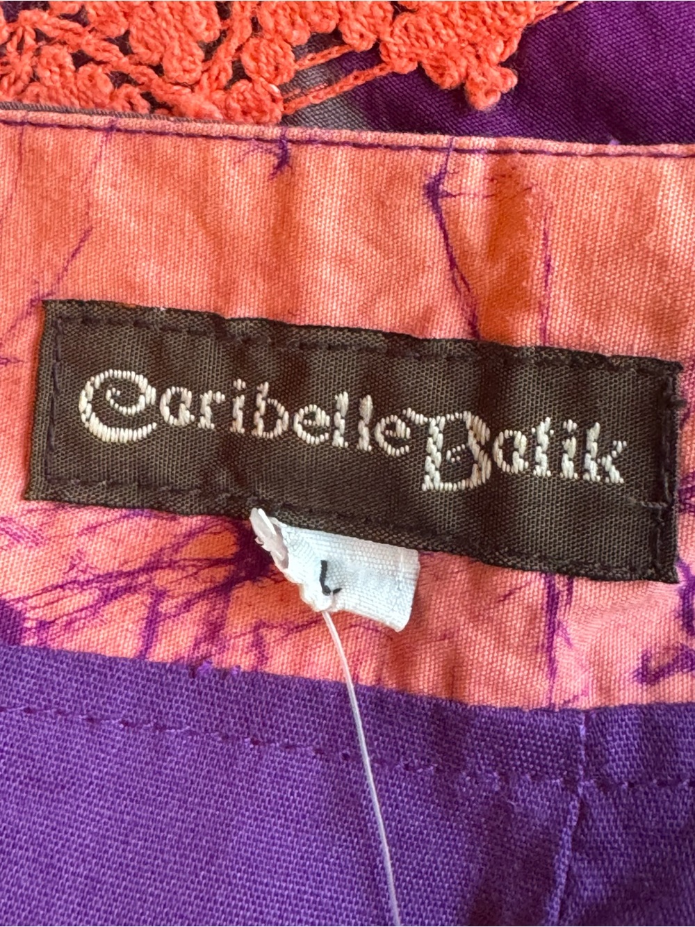 Caribelle Batik Purple & Coral Mini Skirt with Lace Trim large nwot - Picture 4 of 5